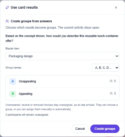 Use card results preview with Packaging design selected, five example participants on each side and two remaining unassigned.