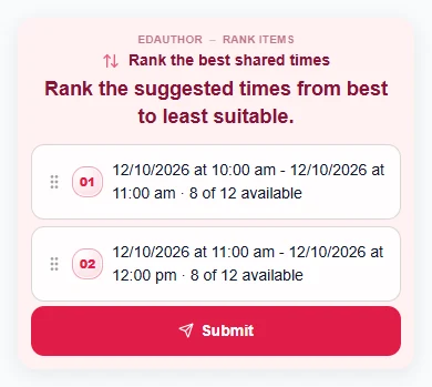 Participant Rank Items card generated from Calendar, containing two suggested workshop times with eight of twelve available beside each option.