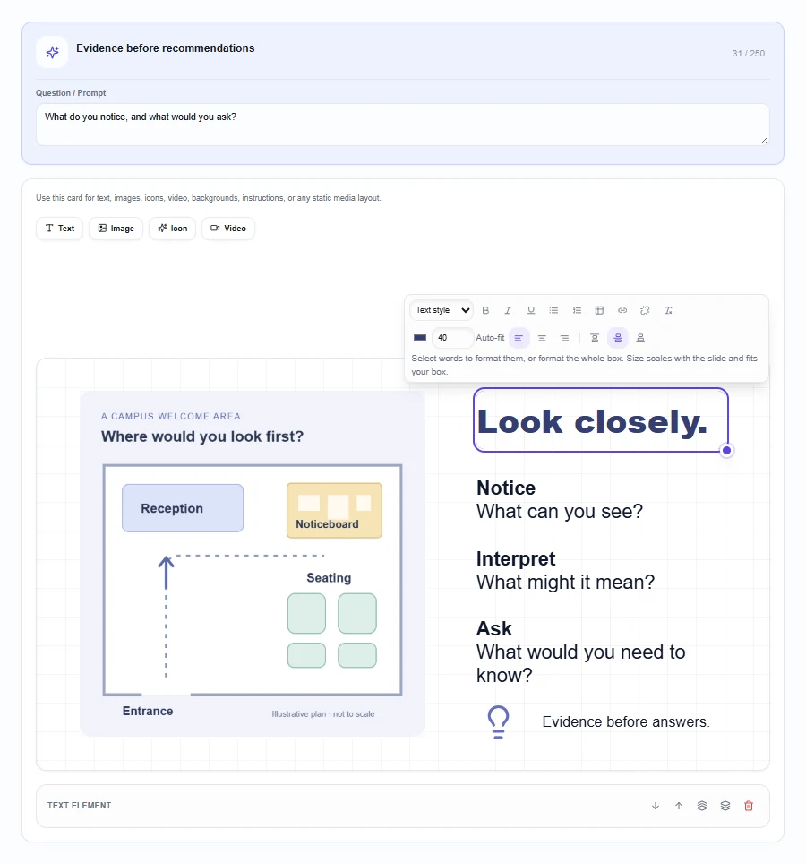 The Media & Text editor with a campus welcome-area plan, three thinking prompts and the text formatting toolbar.