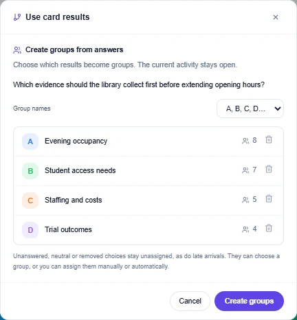 Use card results preview proposing four library investigation groups with example sizes of eight, seven, five and four.