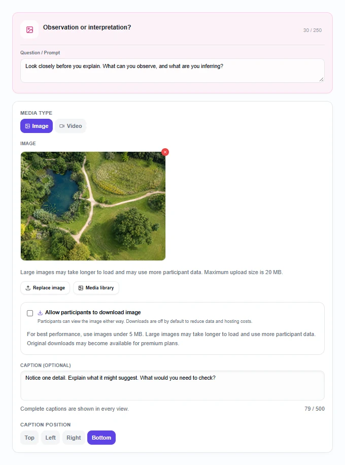 Picture / Video editor with Image selected, an illustrated park, an optional caption and the four caption-position controls.