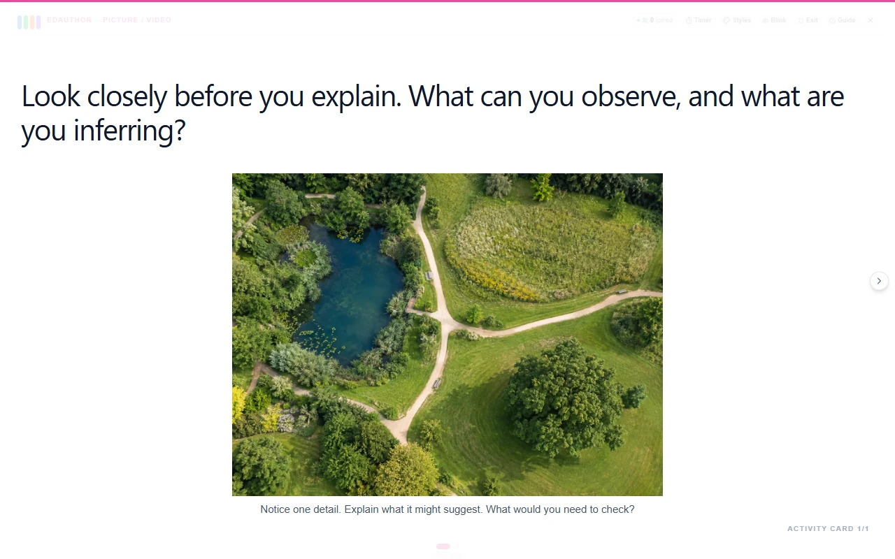 Picture / Video card showing an illustrated park and a question about observation and interpretation.
