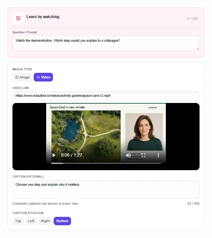 Picture / Video editor with Video selected, a supported video link, a player preview and caption settings.