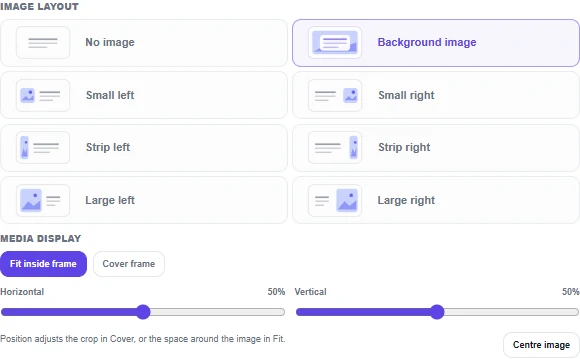 Presentation Slide image layout controls with Fit inside frame, Cover frame, position sliders and Centre image.