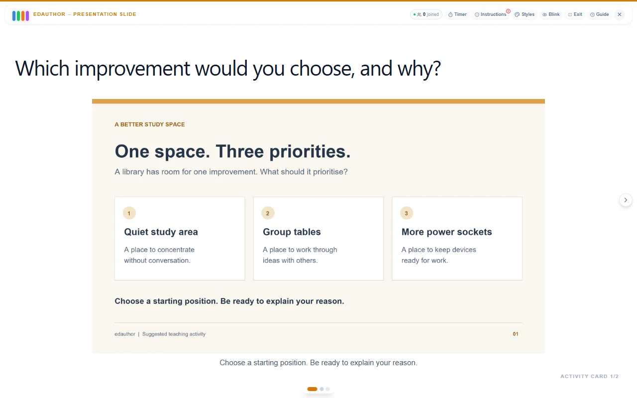 An edauthor Presentation Slide showing three possible improvements to a library study space and asking learners to explain their choice.