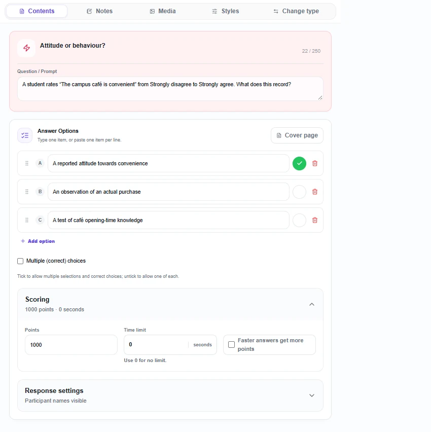 Quiz editor showing answer options, the correct-answer selector, multiple correct choices, points and timing settings.