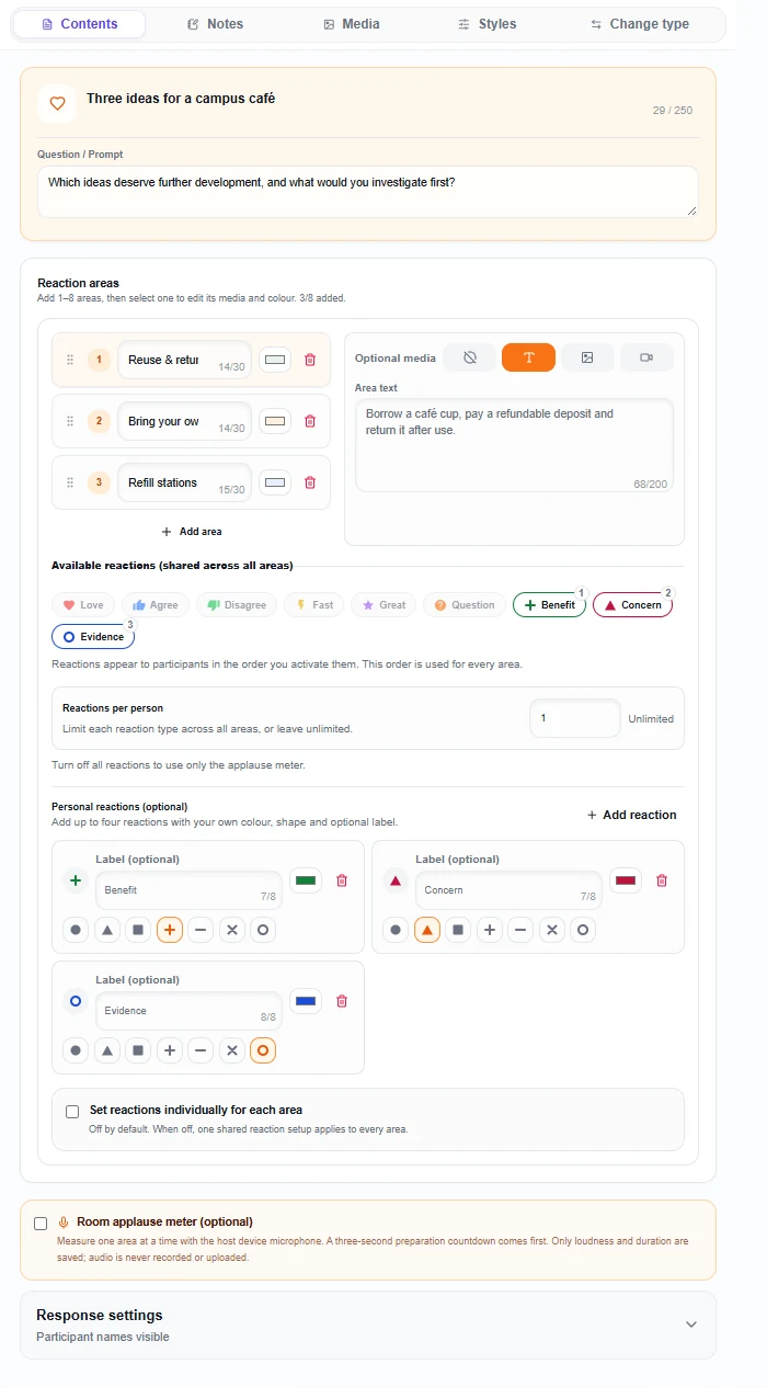 React Card editor with three proposal areas, custom Benefit, Concern and Evidence reactions, and a one-use allowance for each reaction type.