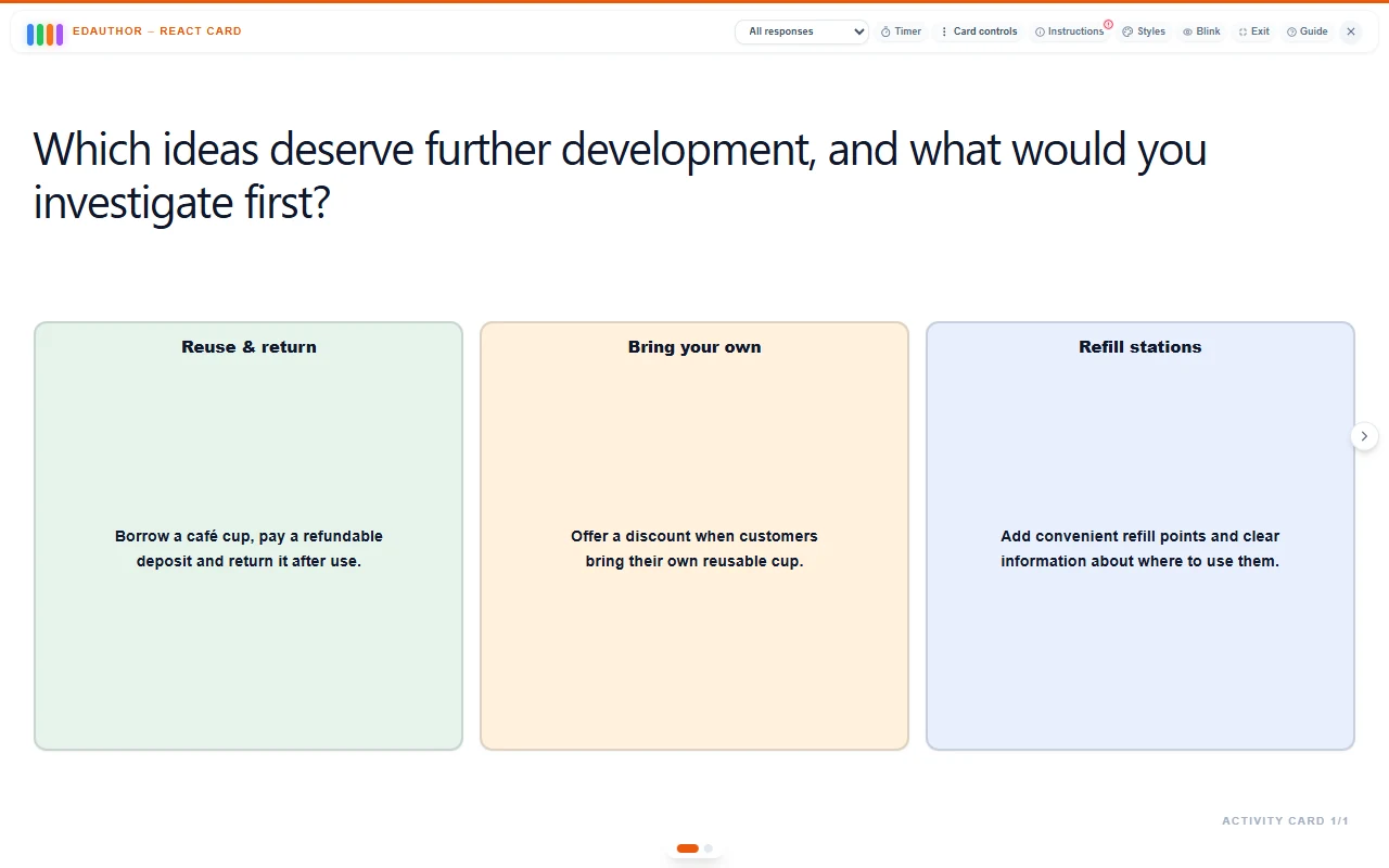 edauthor React Card with three campus café proposals presented as separate, coloured reaction areas.