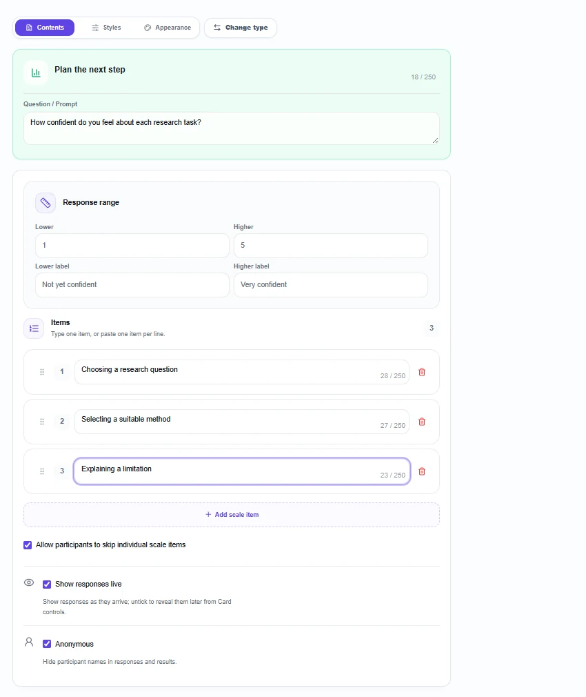 Scale editor with a shared 1 to 5 response range, confidence endpoint labels, three research-task items and optional skipping enabled.