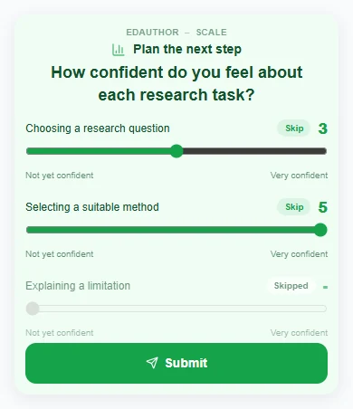 Participant Scale view with ratings of three and five for two research tasks and Explaining a limitation marked Skipped.
