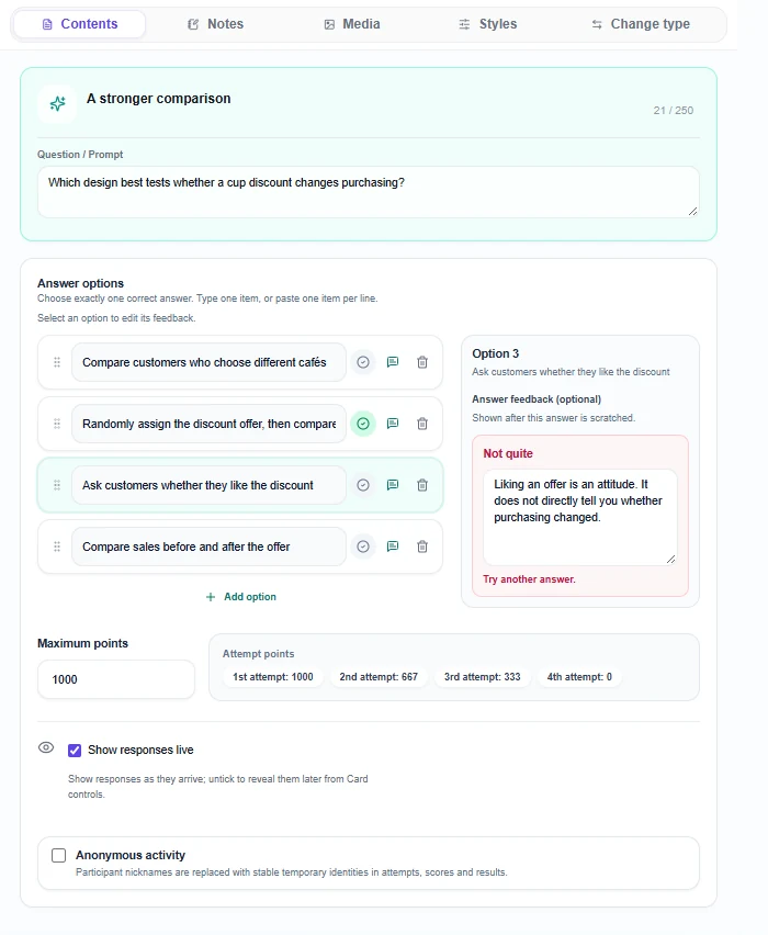 Scratch Card editor with four answer options, one correct answer, a separate feedback panel and the attempt-points schedule.