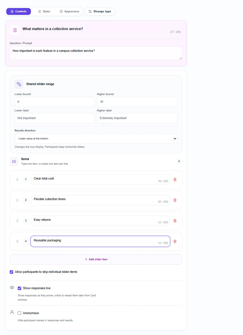 Slider editor with a shared 0 to 10 importance range, endpoint labels, results direction and four service-feature items.