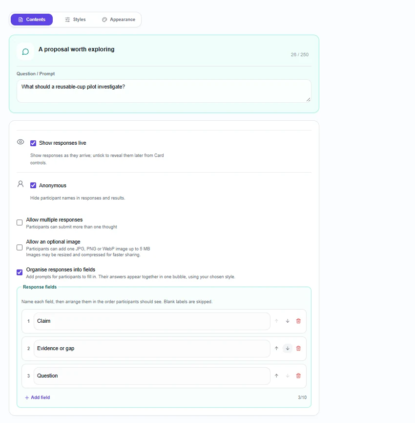 Thought Bubble editor with Organise responses into fields enabled and Claim, Evidence or gap, and Question prompts in order.
