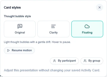 Live Card styles panel with Original, Clarity and Floating, plus By participant and By group controls.