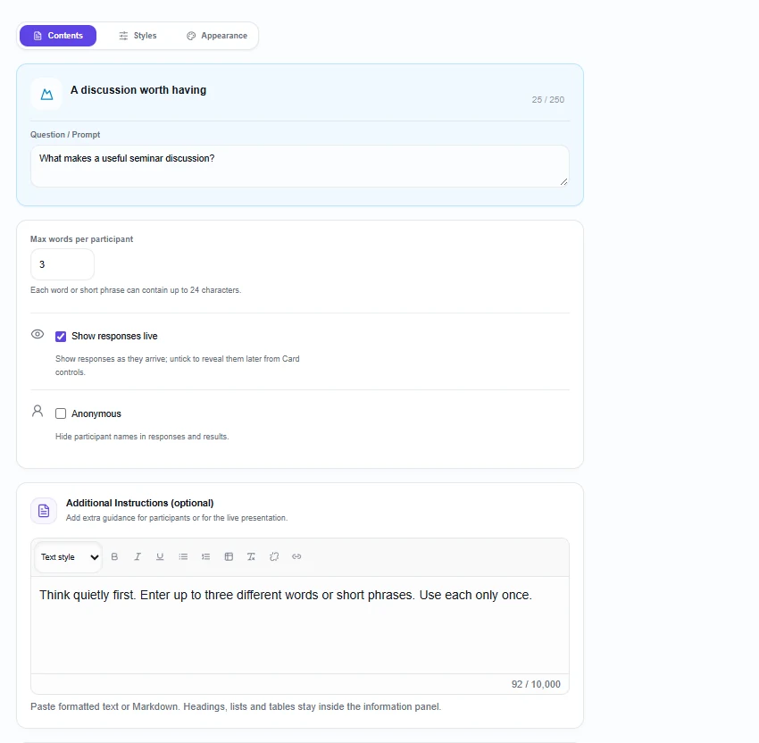 Word Mountain editor with a seminar-discussion prompt, three words per participant, response settings and additional instructions.