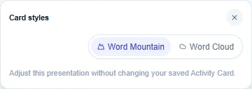 Live Card styles panel with Word Mountain and Word Cloud buttons under Result style.