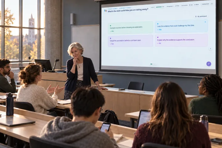 Illustration of a lecturer listening to students at the end of a class, with edauthor reflections on the lecture screen.