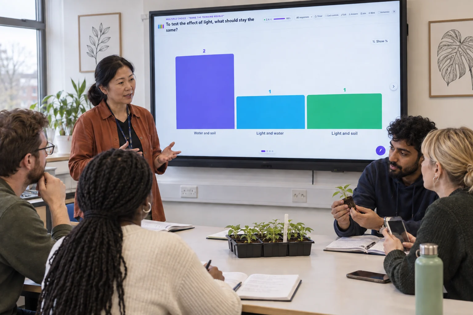 Illustration of an adult science teacher discussing an edauthor experiment-design question with learners in a classroom.