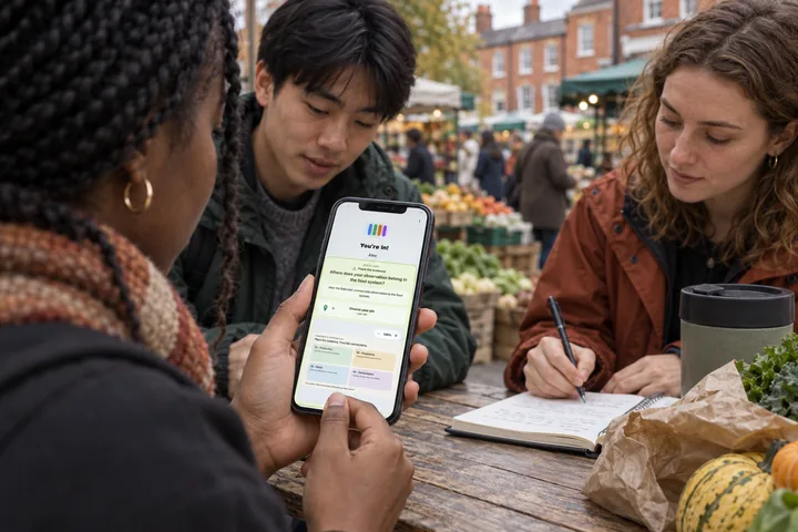 Illustration of university students discussing food-system observations in a British market street while using edauthor on a phone.