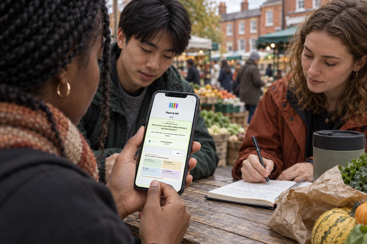 Illustration of university students discussing food-system observations in a British market street while using edauthor on a phone.