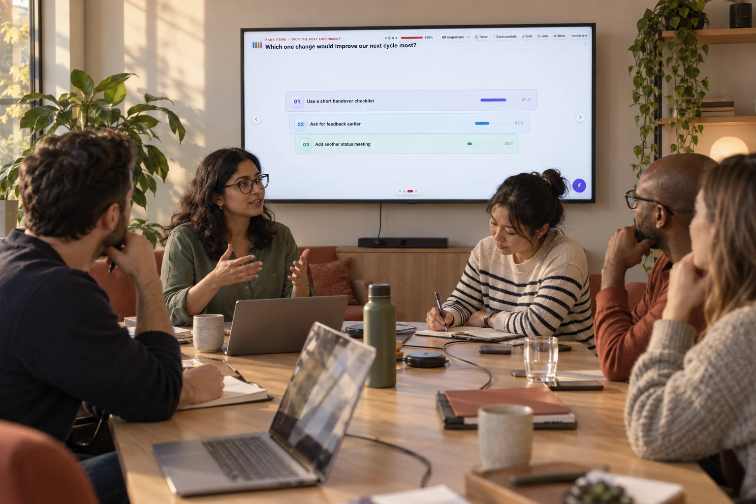 Illustration of a project team holding a retrospective around a meeting table with edauthor improvement priorities displayed on a large screen.
