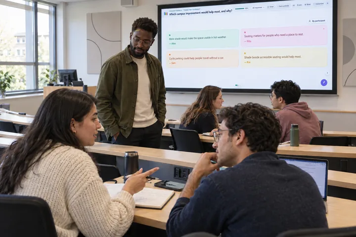 Illustration of university students discussing a campus-design question in pairs while a tutor guides the room with edauthor.