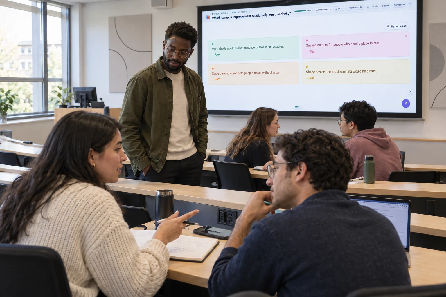 Illustration of university students discussing a campus-design question in pairs while a tutor guides the room with edauthor.