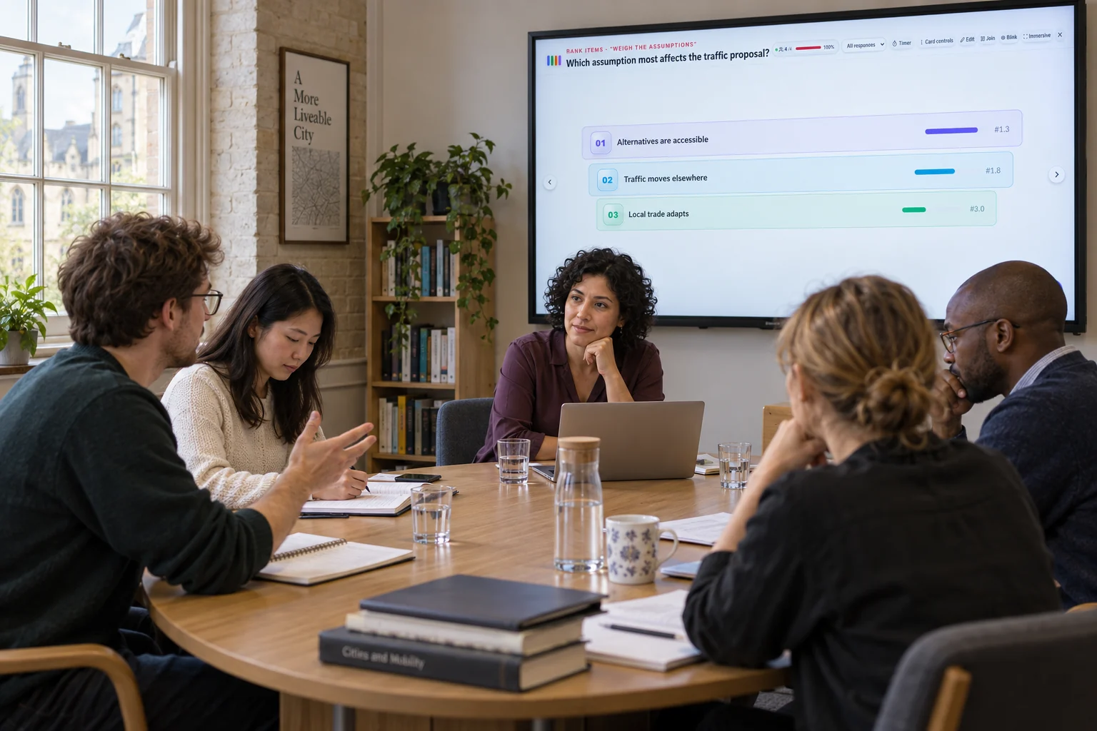 Illustration of a university tutor and students debating evidence around a seminar table with edauthor ranked claims on a display.