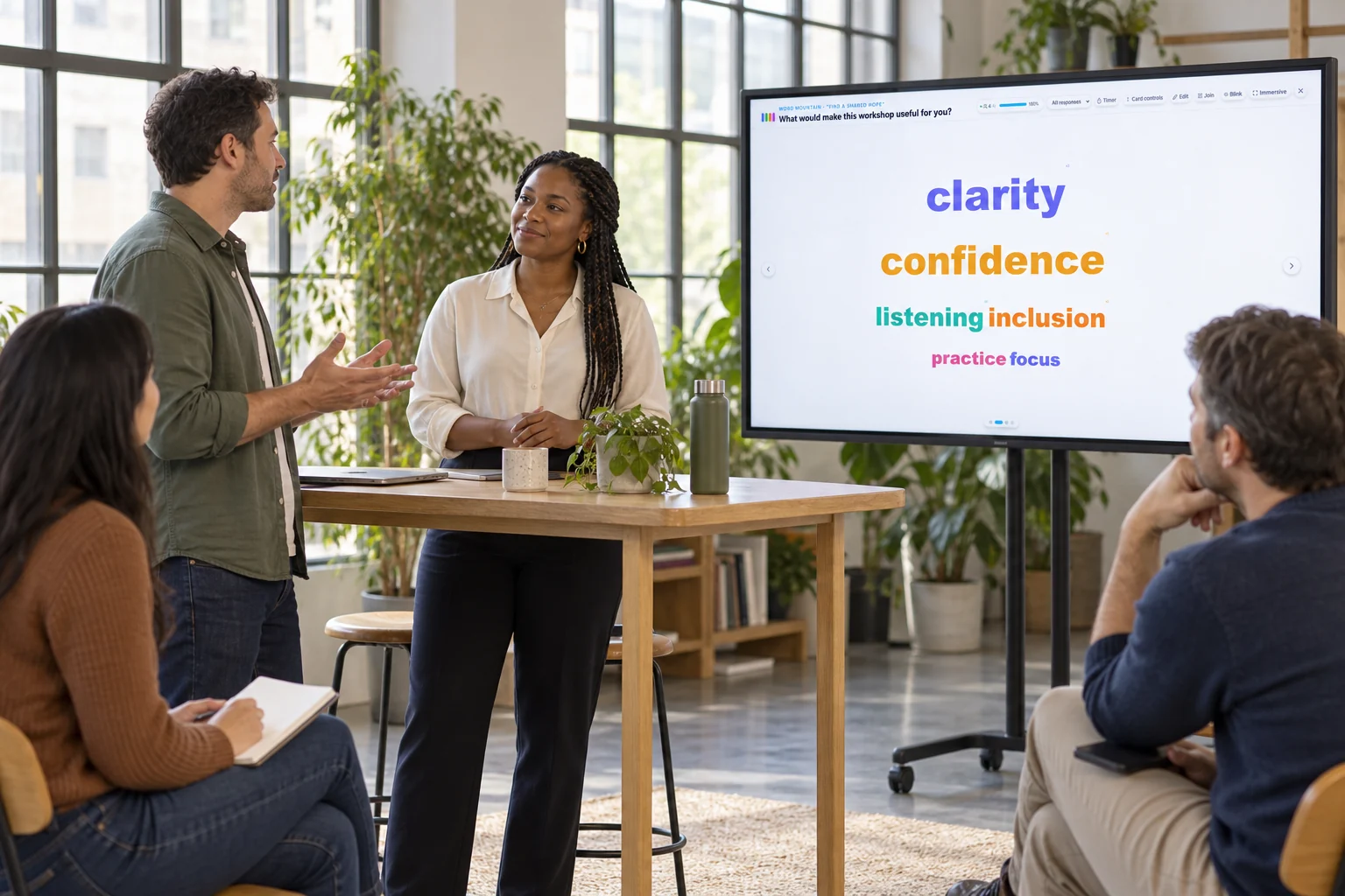 Illustration of adults getting acquainted in a bright workshop with an edauthor Word Mountain of their expectations on a large screen.